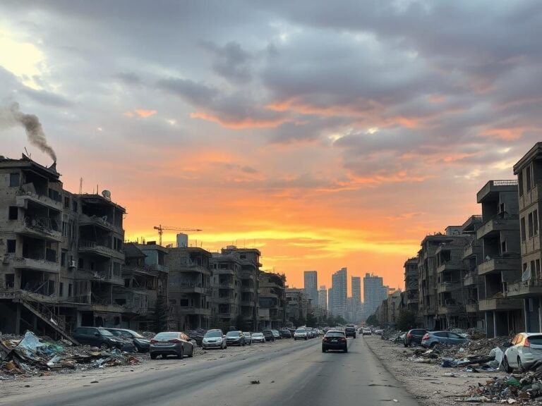 Flick International Urban landscape of a war-torn city in Syria with dilapidated buildings and smoke rising from the ruins