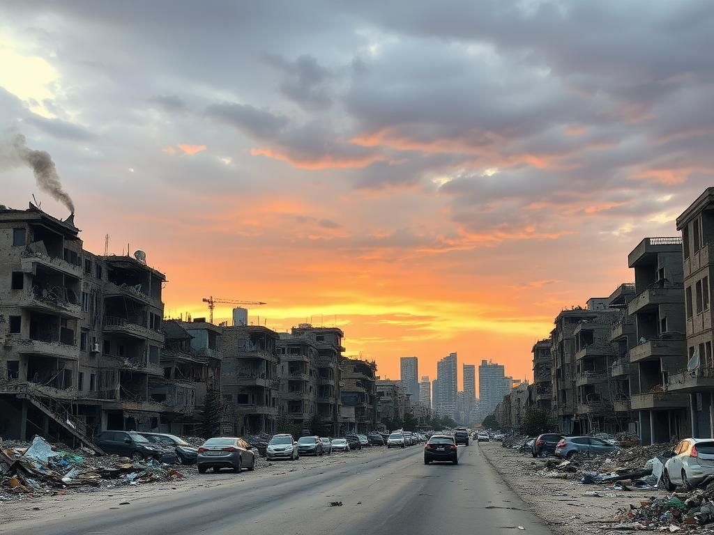 Flick International Urban landscape of a war-torn city in Syria with dilapidated buildings and smoke rising from the ruins