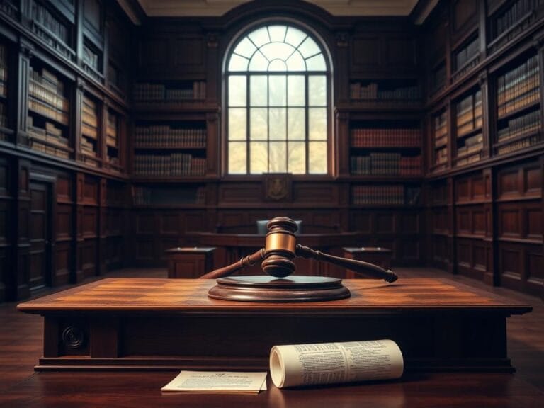 Flick International Interior of a courtroom with a large judge's bench and gavel