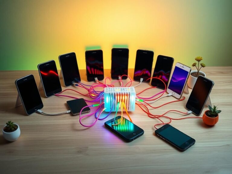 Flick International A collection of old smartphones arranged artistically on a wooden table, connected by colorful cables representing data flow.