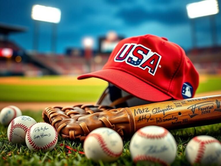 Flick International Close-up of a baseball glove and Team USA cap on a baseball field