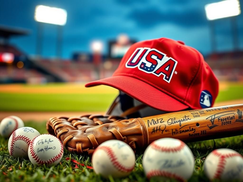 Flick International Close-up of a baseball glove and Team USA cap on a baseball field