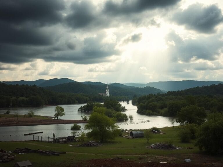 Flick International A serene landscape of Texas Hill Country after devastating floods, depicting a tranquil river and lush greenery with remnants of the disaster.