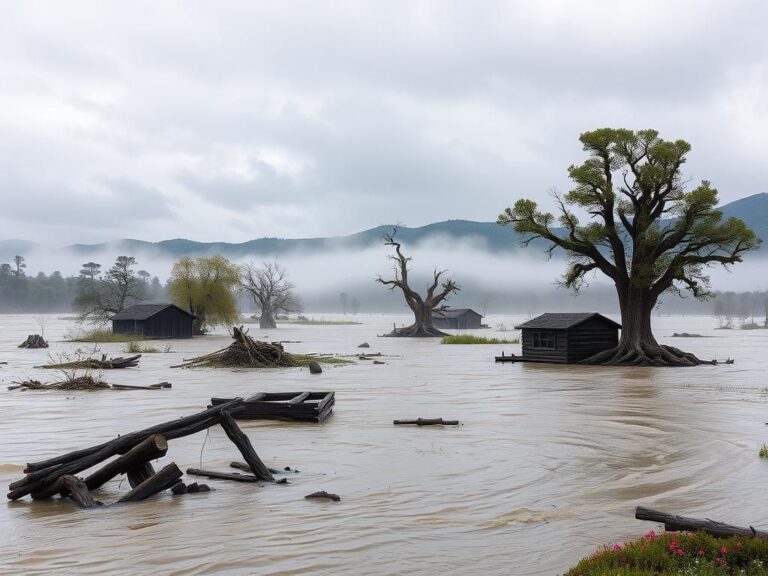 Flick International Aftermath of a flood at Camp Mystic in Texas' Hill Country with submerged cabins.