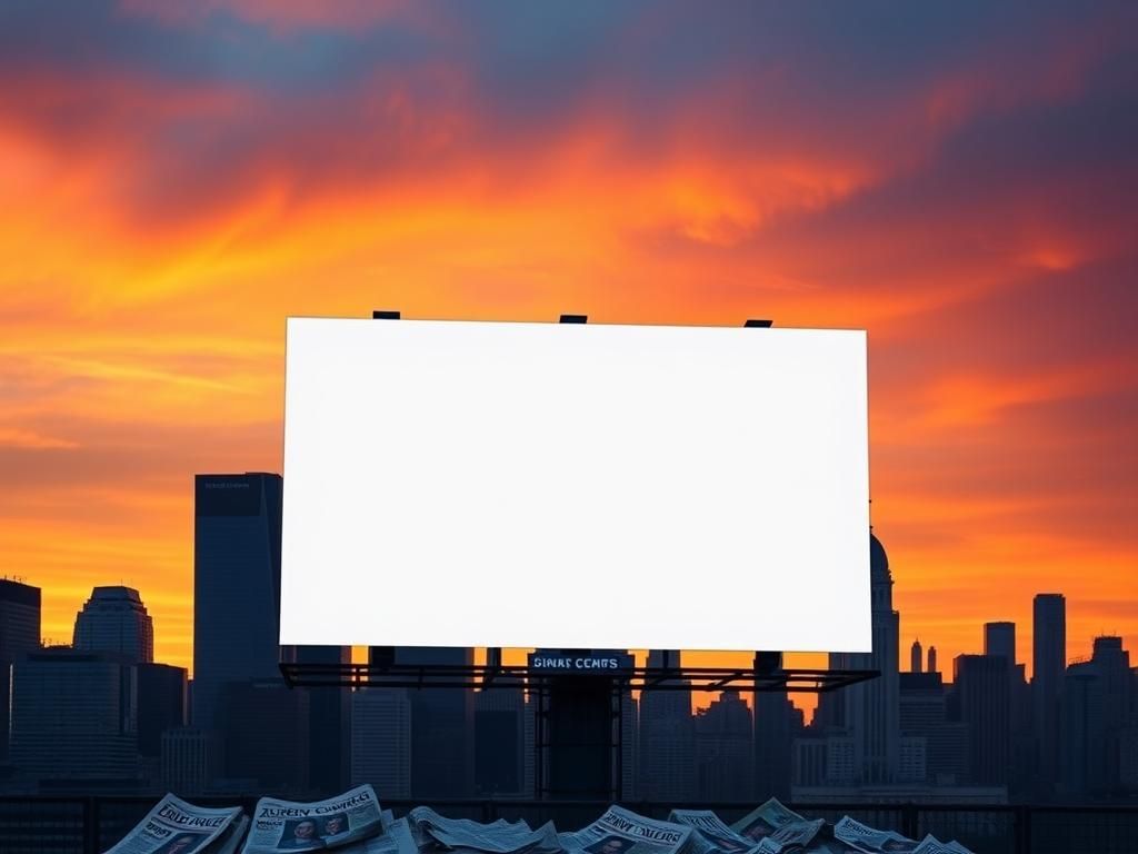 Flick International Dramatic New York City skyline at sunset with a blank campaign billboard in the foreground