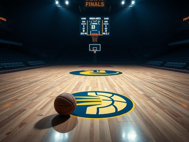 Flick International Empty basketball court featuring the Indiana Pacers logo, symbolizing the challenges faced due to Tyrese Haliburton's injury.