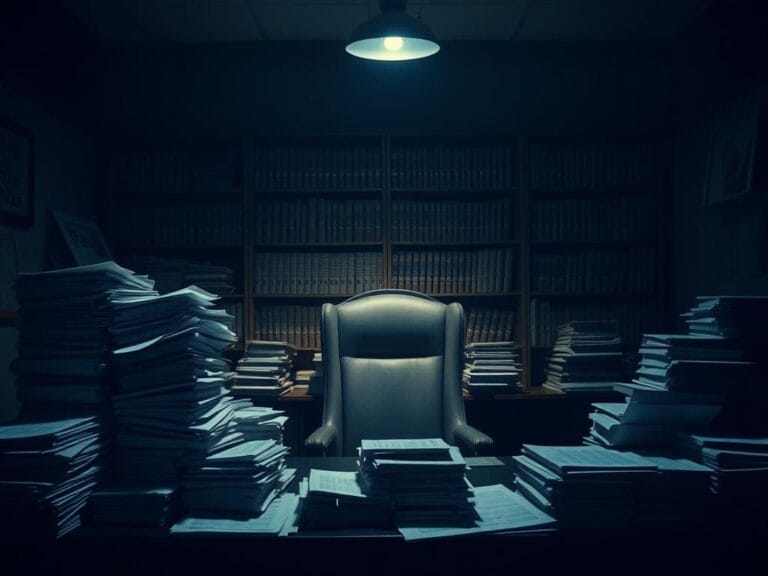 Flick International Dimly lit office with cluttered desk and redacted documents related to Epstein case