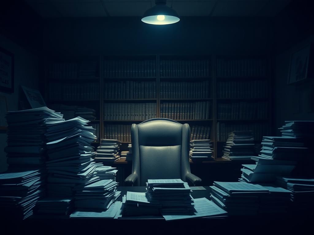 Flick International Dimly lit office with cluttered desk and redacted documents related to Epstein case