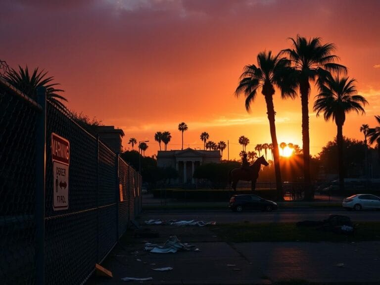 Flick International Silhouette of U.S. Border Patrol horsemen in MacArthur Park, Los Angeles, against a sunset
