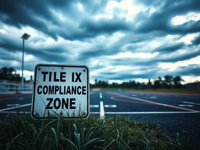 Flick International Empty high school athletic track with a blurred finish line symbolizing the debate over Title IX compliance.