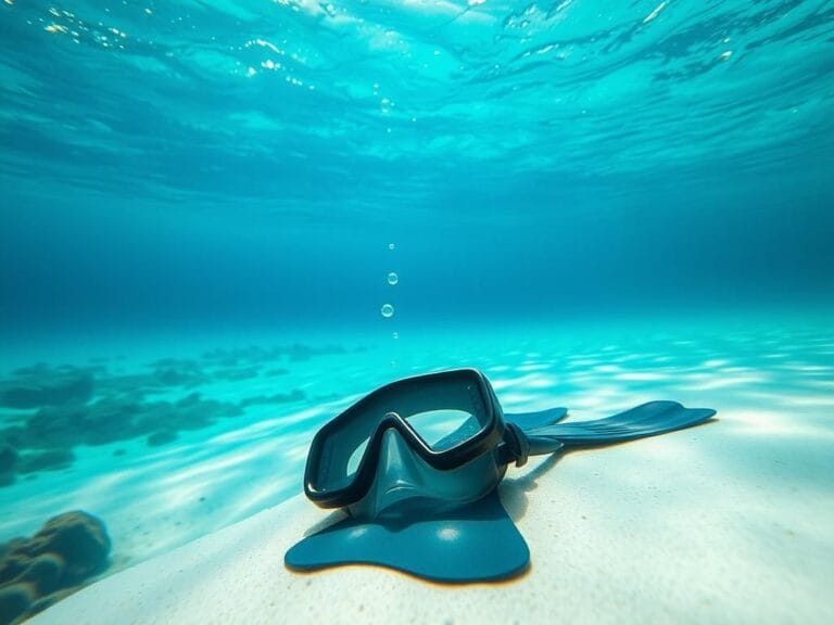 Flick International Underwater scene of vibrant coral reefs in the Bahamas with discarded snorkeling gear