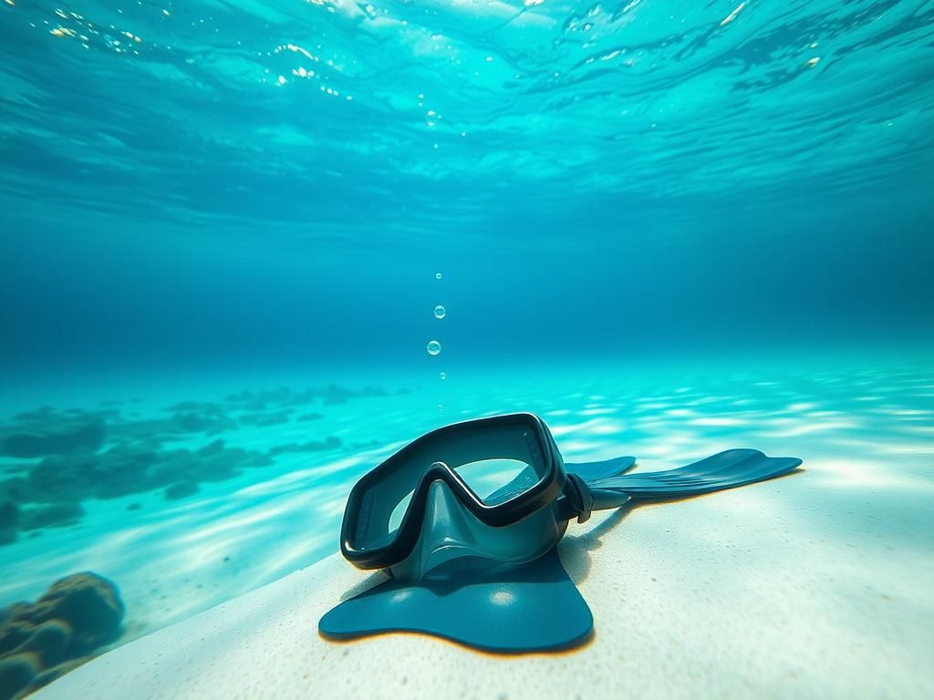 Flick International Underwater scene of vibrant coral reefs in the Bahamas with discarded snorkeling gear