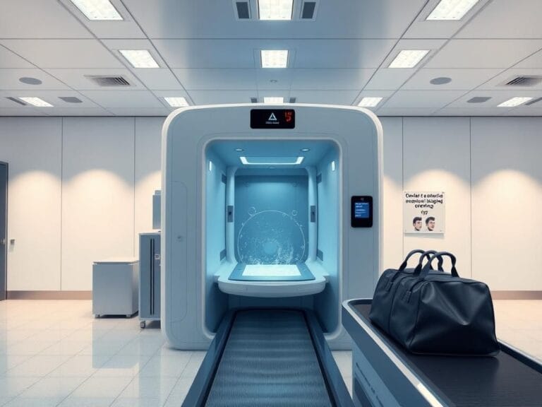 Flick International Close-up view of an airport security screening area featuring a modern imaging technology scanner