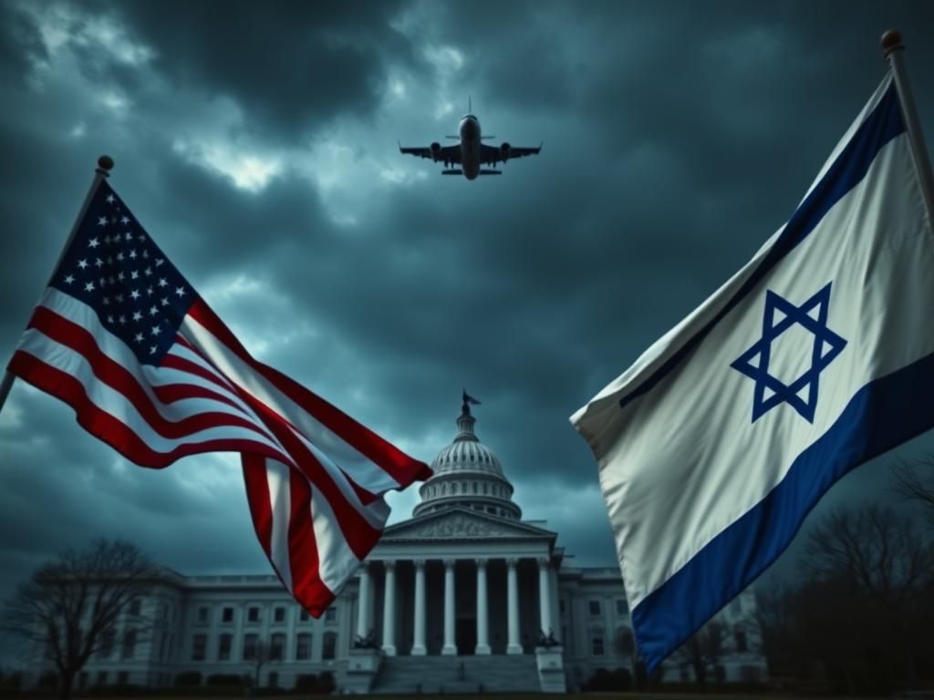 Flick International A stylized American flag billowing in the foreground with an Israeli flag in the background under a moody sky.