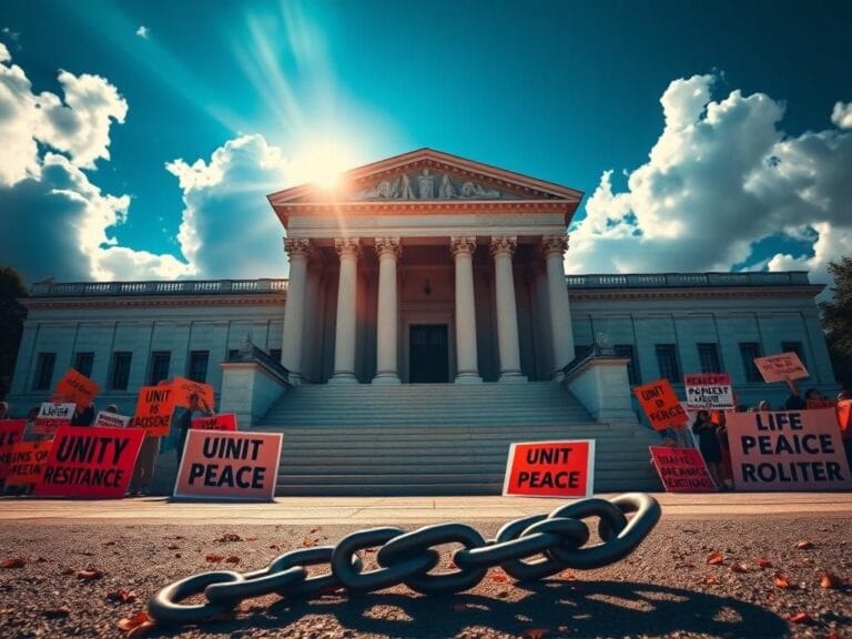 Flick International Courtroom entrance symbolizing resistance with vibrant protest signs and a broken chain