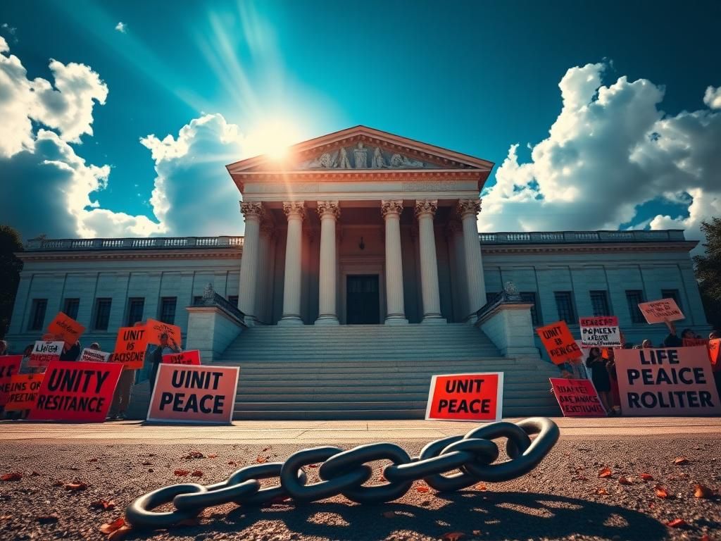 Flick International Courtroom entrance symbolizing resistance with vibrant protest signs and a broken chain
