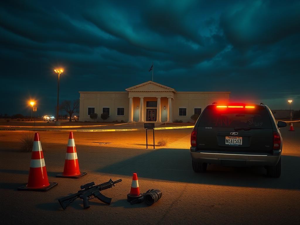 Flick International Federal building in McAllen, Texas, under a dusky sky with police barricades and emergency lights