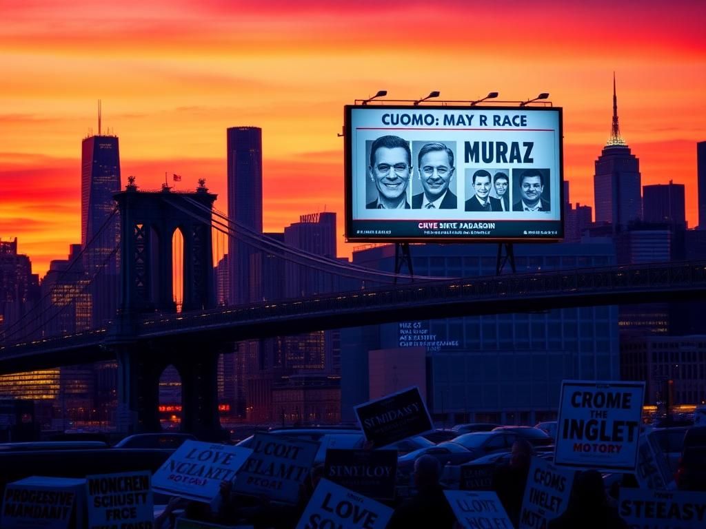 Flick International Aerial view of New York City's skyline at sunset with the Brooklyn Bridge in the foreground
