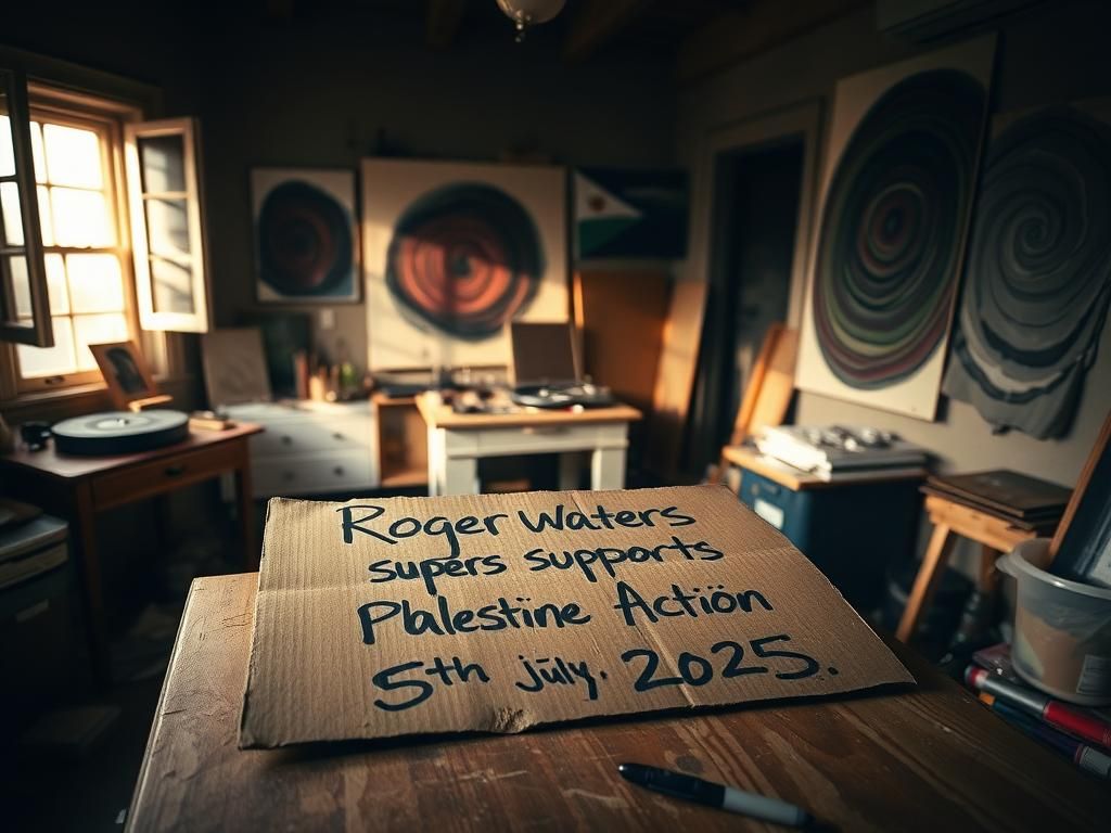 Flick International A dimly lit artist's studio showcasing Roger Waters' support for Palestine Action
