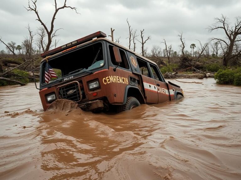 Flick International A mangled emergency vehicle belonging to volunteer Fire Chief Michael Phillips half-submerged in Texas floodwaters.