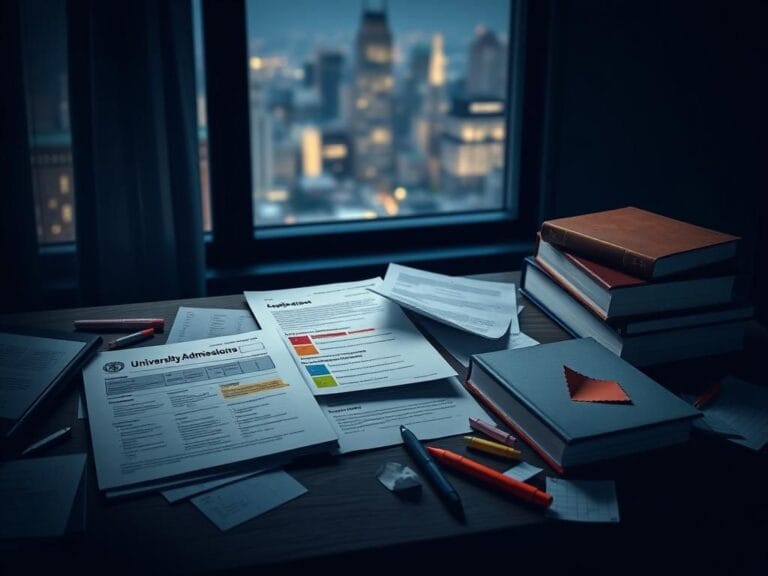 Flick International A cluttered academic desk showcasing university admissions materials, including an SAT score report