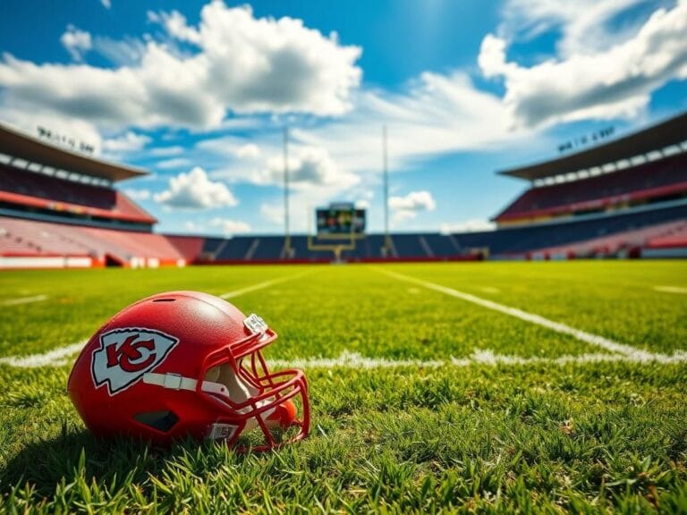 Flick International A vibrant Kansas City Chiefs football field with a football and helmet symbolizing readiness