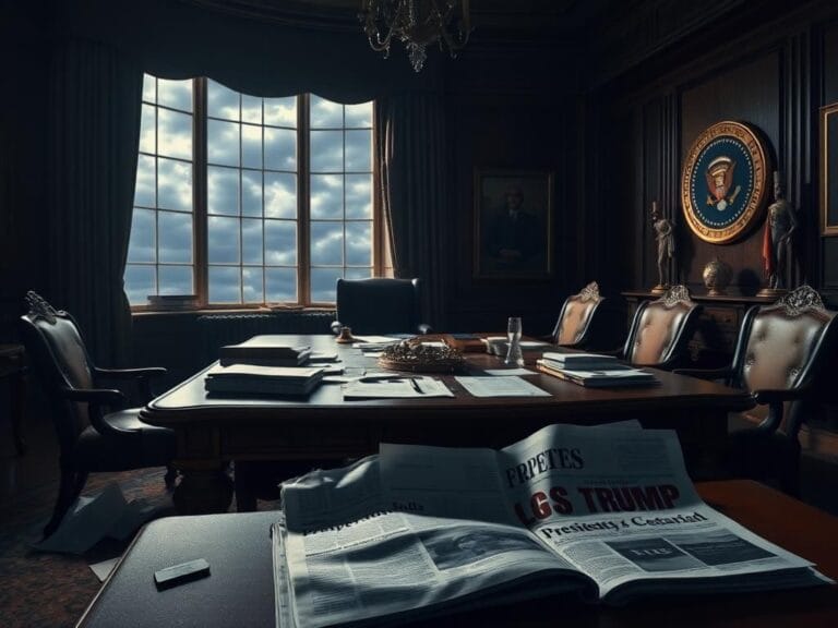 Flick International A tense meeting scene in the White House with important documents and a crumpled newspaper reflecting political chaos.
