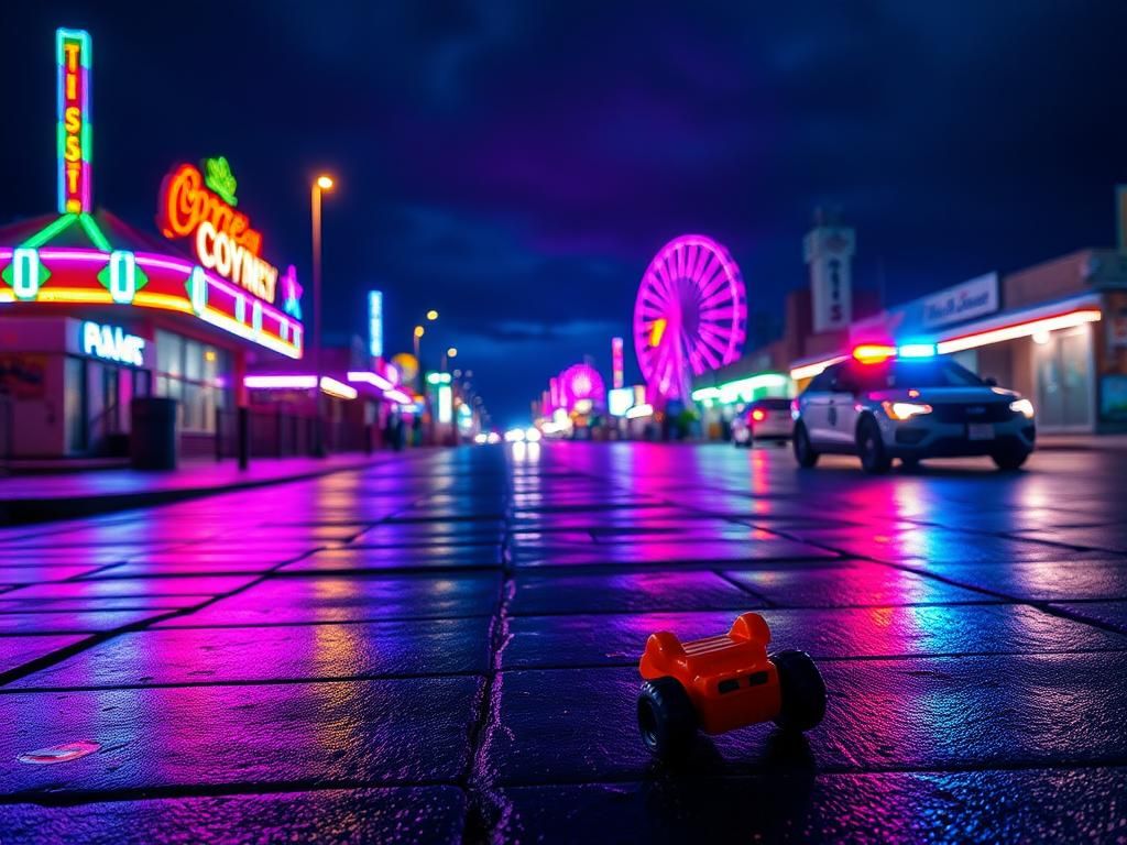 Flick International Nighttime street scene in Coney Island with abandoned child's toy symbolizing a kidnapping attempt