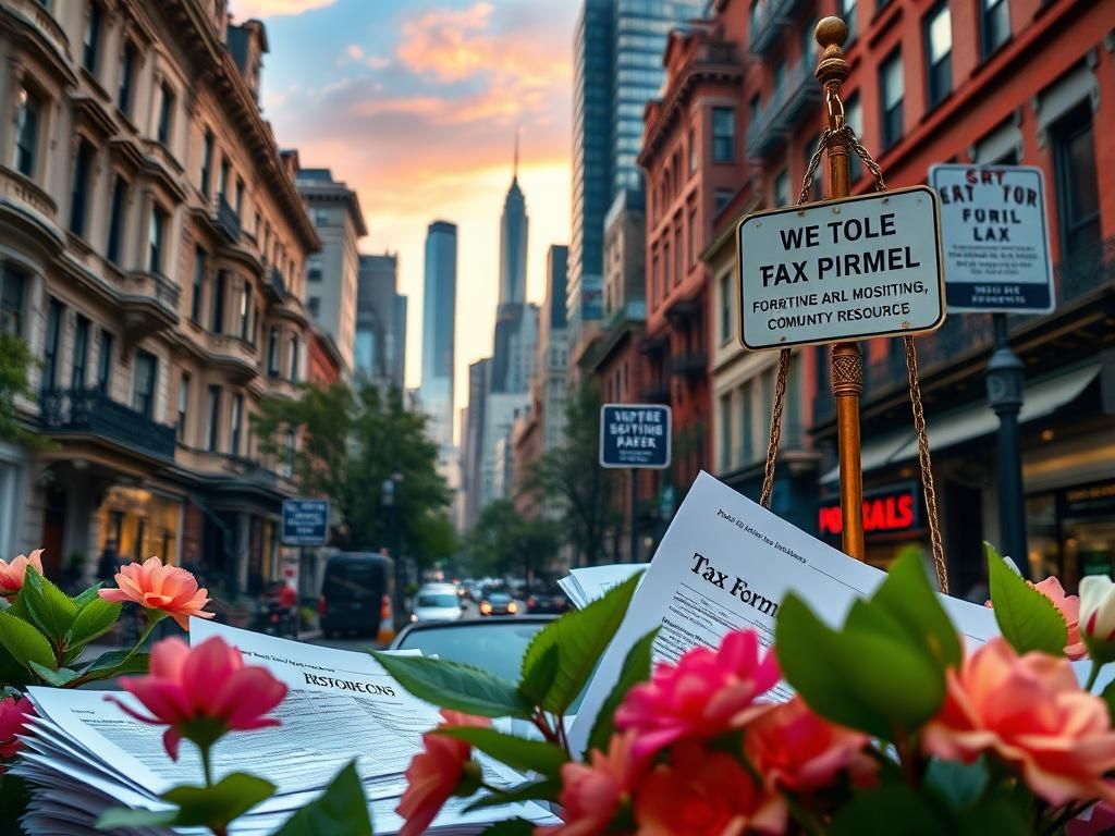 Flick International Urban scene depicting New York City's wealth disparity with tax documents and flowers symbolizing social progress
