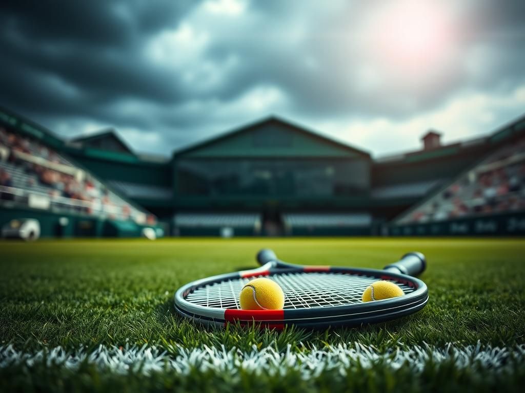 Flick International Close-up of a Wimbledon grass court with a tennis racket and ball, symbolizing injury and hope