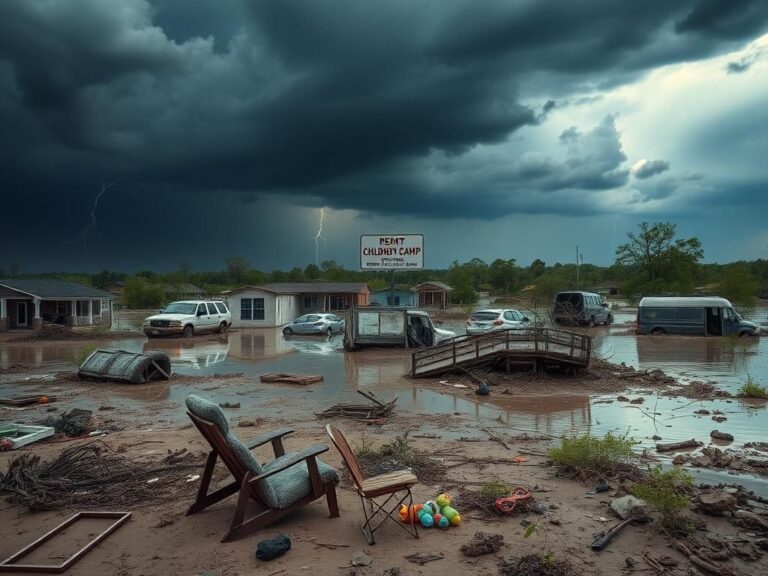 Flick International A desolate Texas landscape after a devastating flood showcasing the remnants of submerged homes and abandoned children's camp.