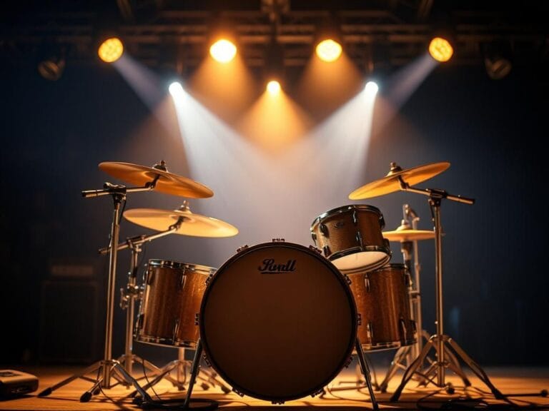 Flick International Close-up of an empty drum kit on a dimly lit stage spotlighted in warm hues