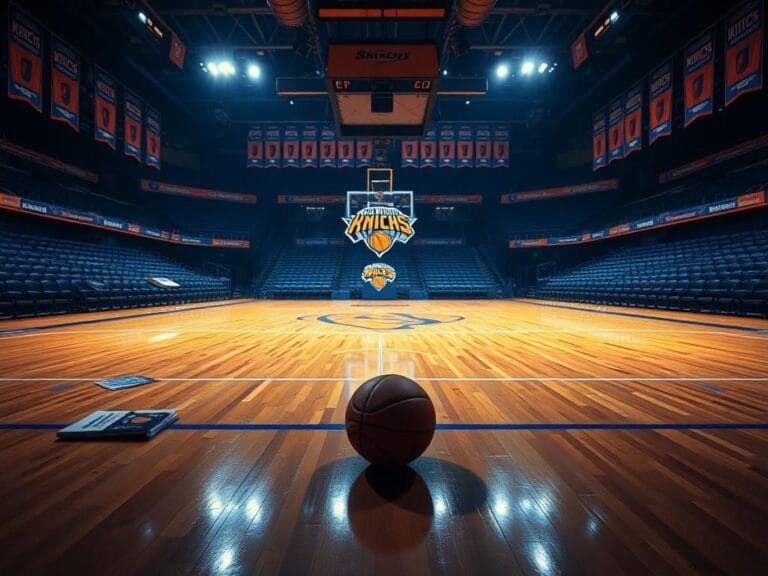 Flick International Empty basketball arena with polished hardwood floor and Knicks logo at center court