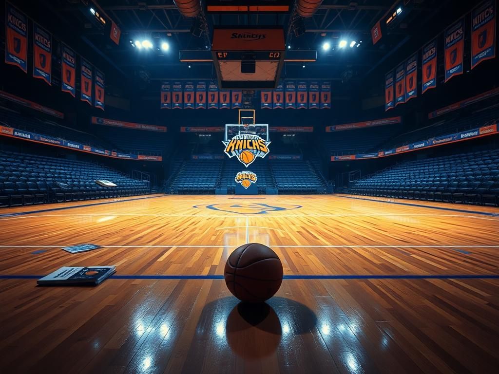 Flick International Empty basketball arena with polished hardwood floor and Knicks logo at center court