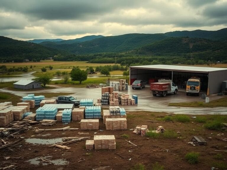 Flick International A serene landscape of Boerne, Texas, post-flood showcasing remnants of homes and scattered debris.