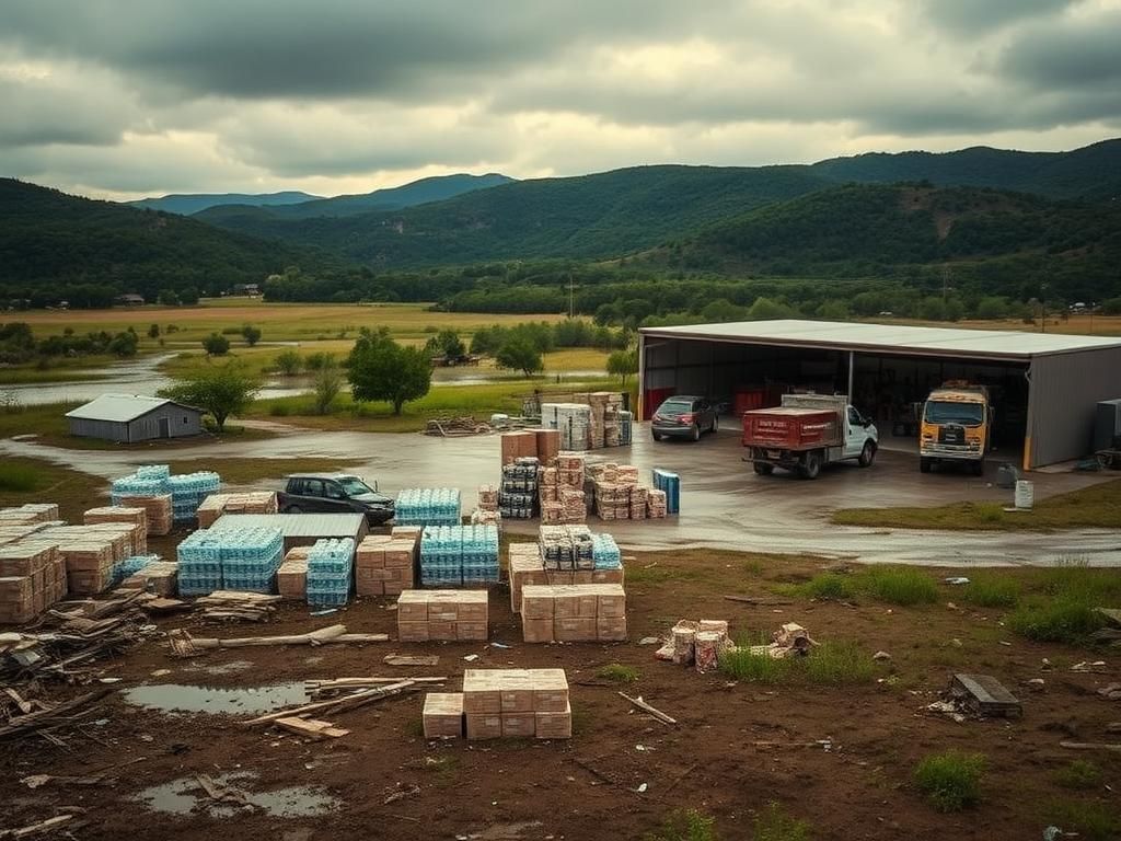 Flick International A serene landscape of Boerne, Texas, post-flood showcasing remnants of homes and scattered debris.