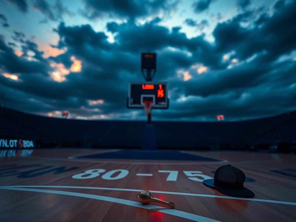 Flick International Intense basketball court scene at dusk with a blurred backboard and scoreboard showing close score