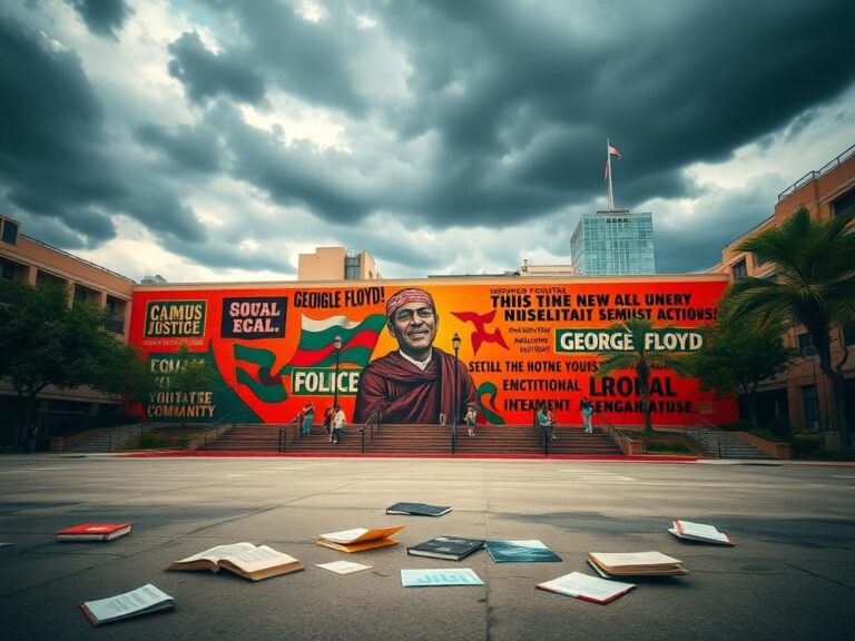 Flick International Vibrant mural on University of Houston campus honoring George Floyd, with educational materials scattered in the foreground.