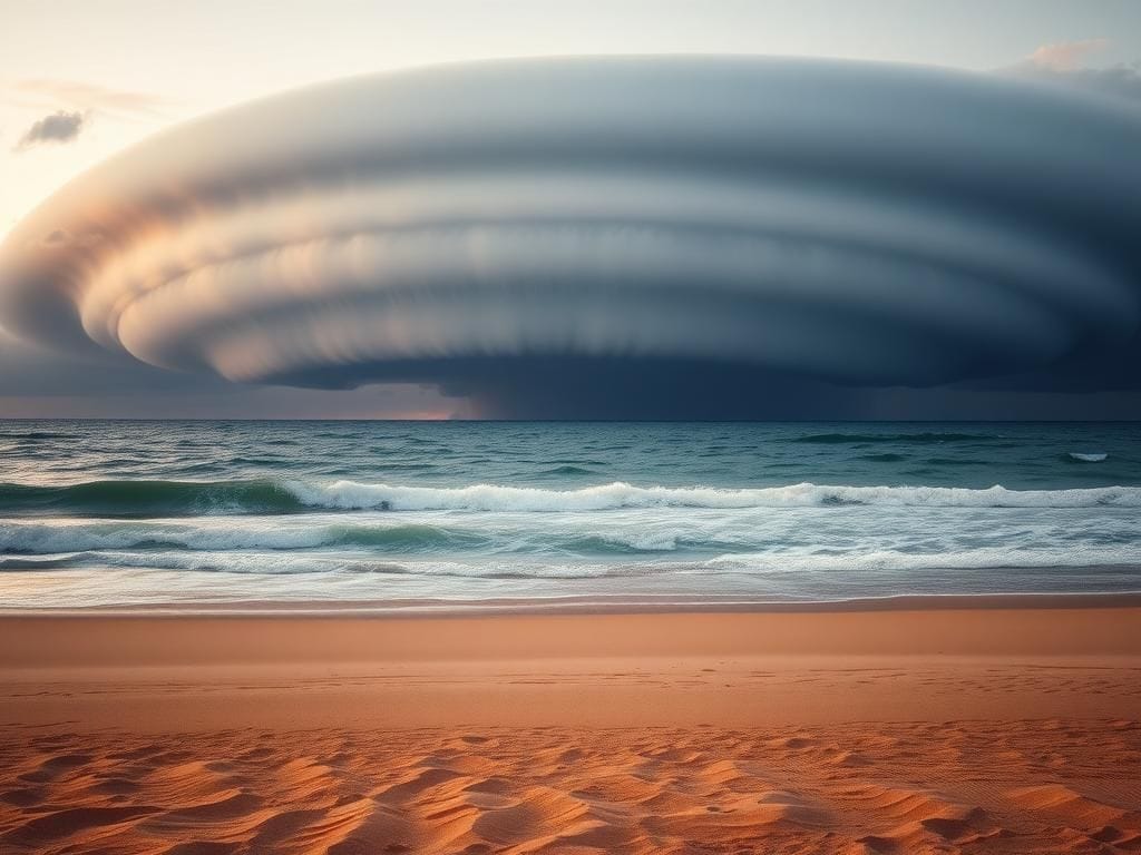 Flick International Dramatic roll cloud phenomenon resembling a tsunami over the beach