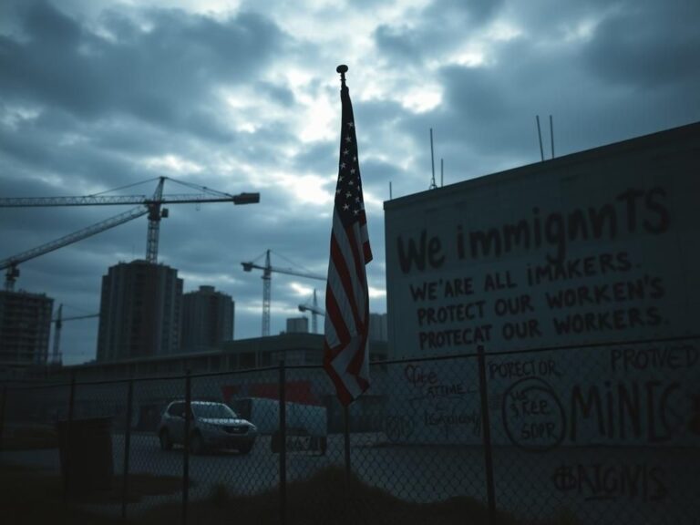 Flick International Broken American flag at a construction site symbolizing immigration turmoil