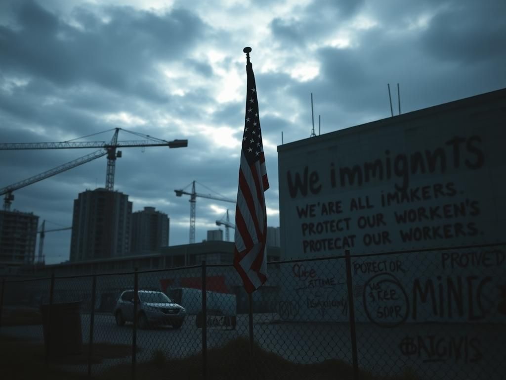 Flick International Broken American flag at a construction site symbolizing immigration turmoil
