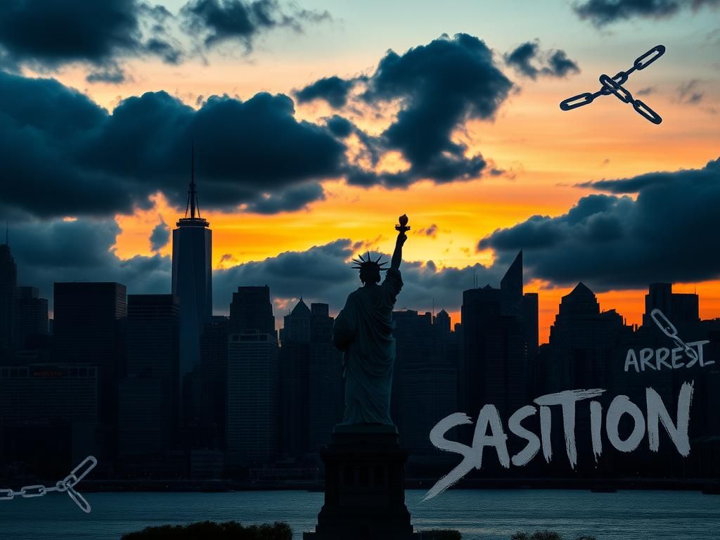 Flick International Dramatic cityscape of New York City at dusk with the Statue of Liberty silhouetted against a turbulent sky