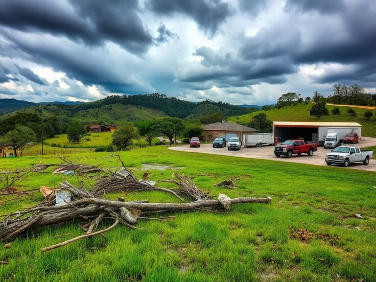 Flick International A serene Texas hill country landscape showing flood aftermath with debris and lush greenery