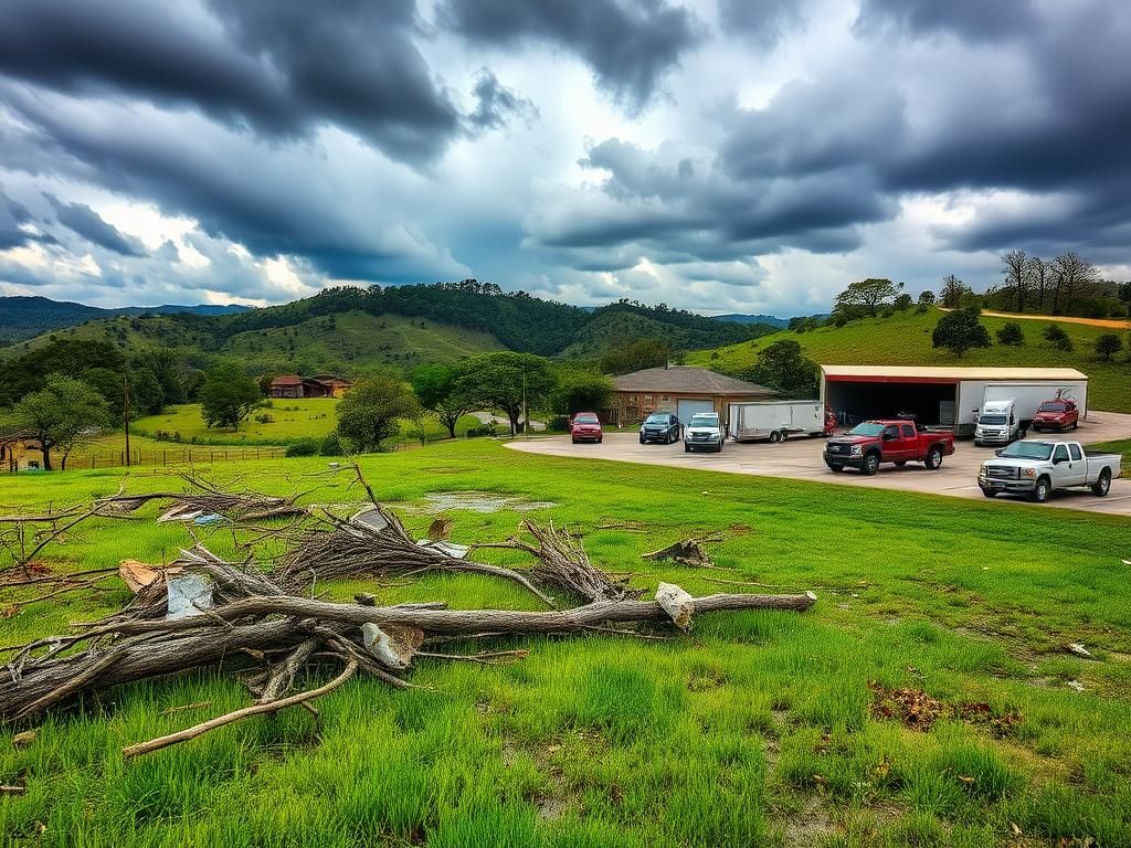 Flick International A serene Texas hill country landscape showing flood aftermath with debris and lush greenery