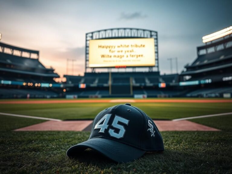 Flick International Commemorative No. 45 jersey patch resting on a White Sox cap at an empty baseball diamond during twilight