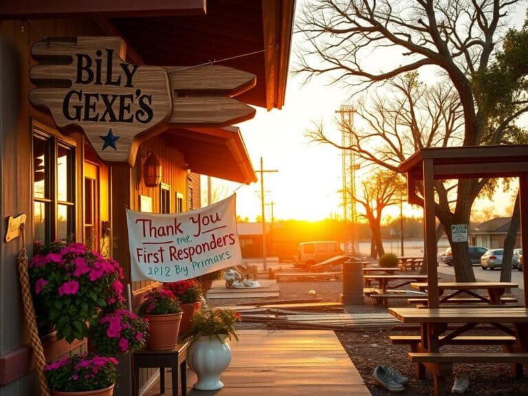 Flick International Cozy exterior of Billy Gene’s restaurant in Texas with a 'Thank You First Responders' banner