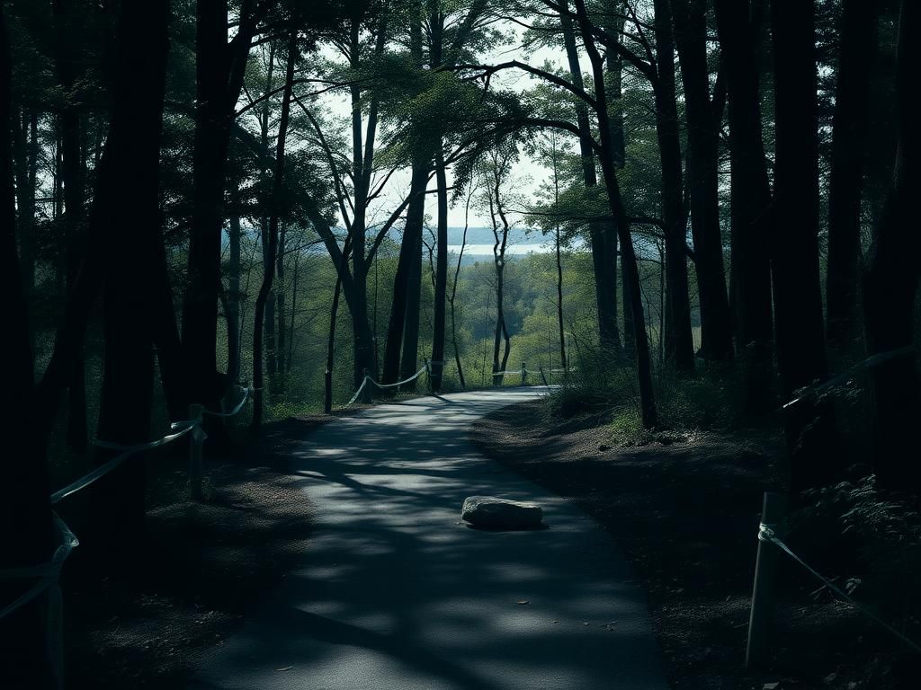 Flick International Dark, secluded jogging trail in a Georgia park, symbolizing crime and isolation