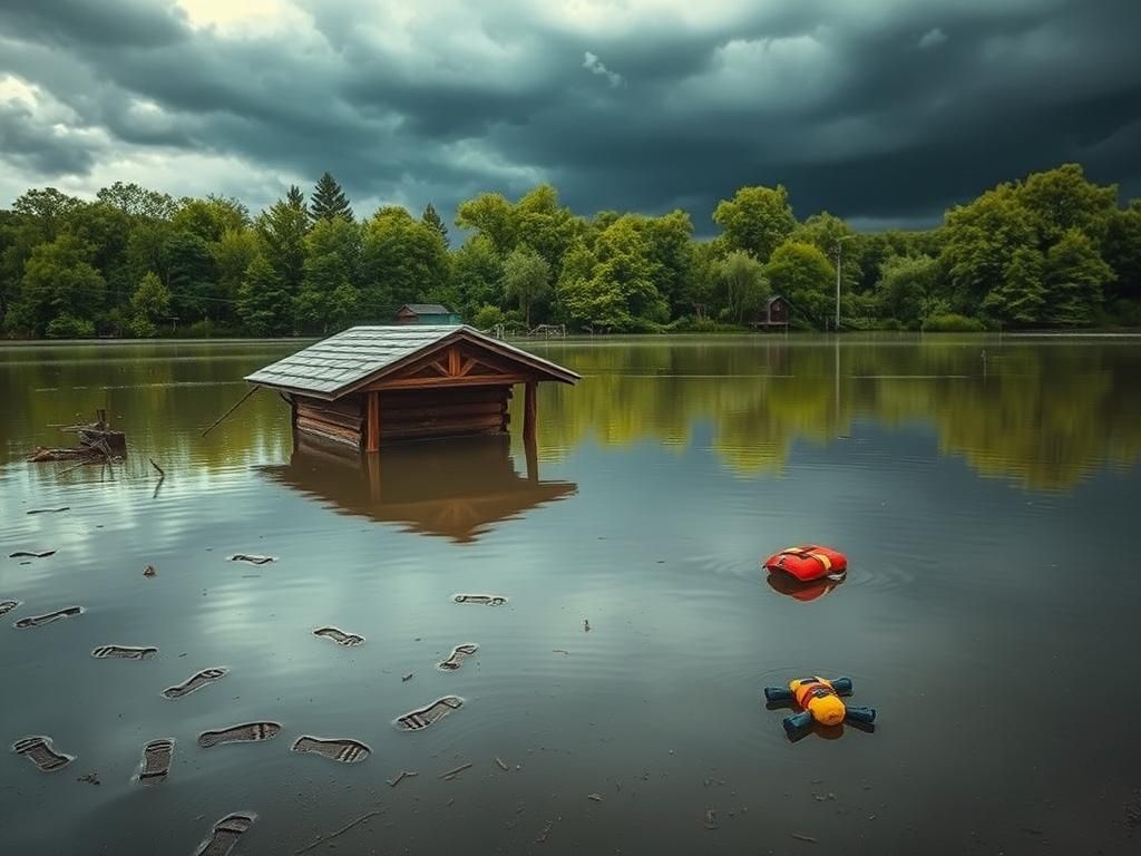 Flick International A flooded camp environment near Camp Mystic with a partially submerged cabin and debris.