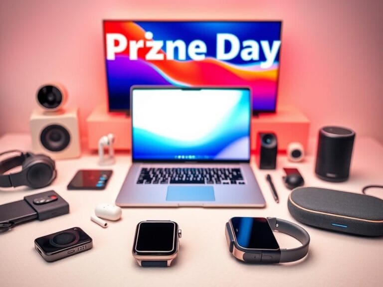 Flick International A dynamic flat lay of tech gadgets for Amazon Prime Day deals