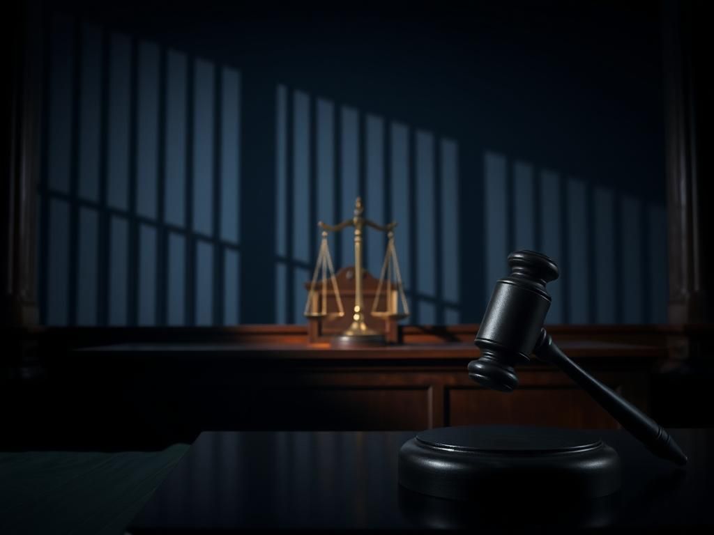 Flick International A dimly lit courtroom scene with a large wooden judge's bench and gavel, symbolizing justice